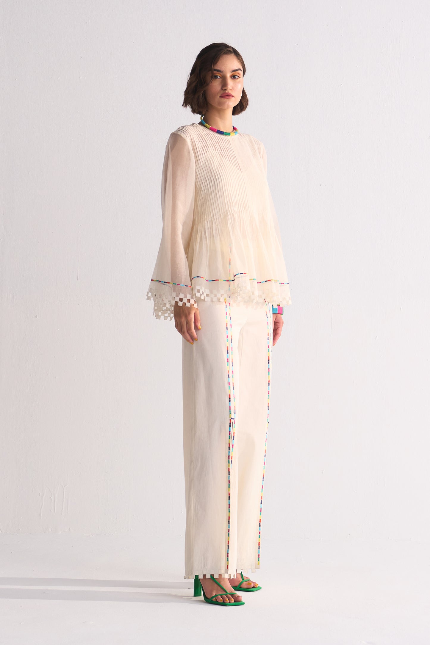 SUPER PLEATED BLOUSE WITH APPLIQUE', CUTWORK AND THREAD