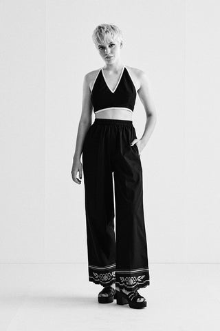 ELASTICATED STRAIGHT PANTS WITH PRINT AND CUTWORK