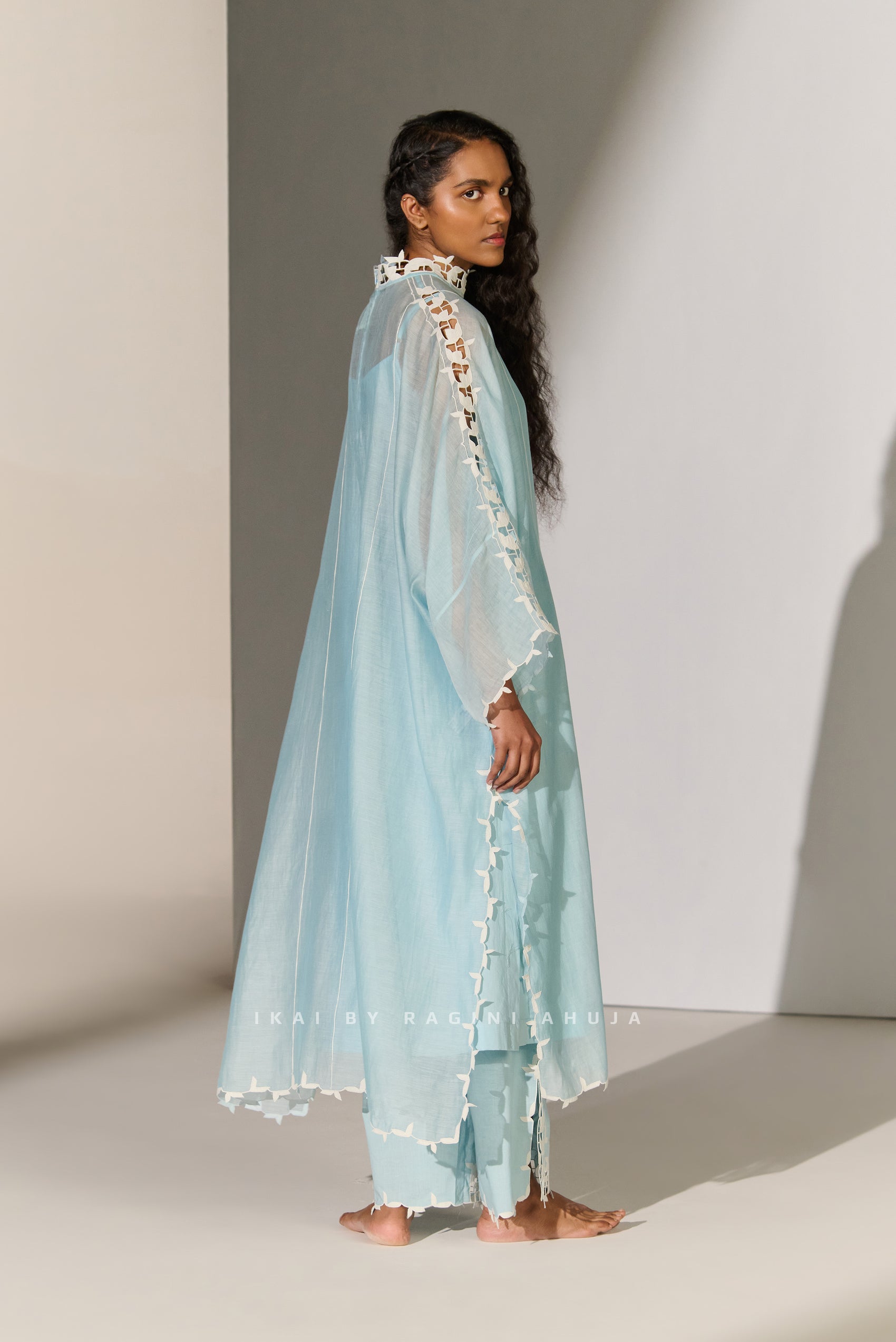 GEOMETRIC FLORAL CUTWORK KAFTAN SKY