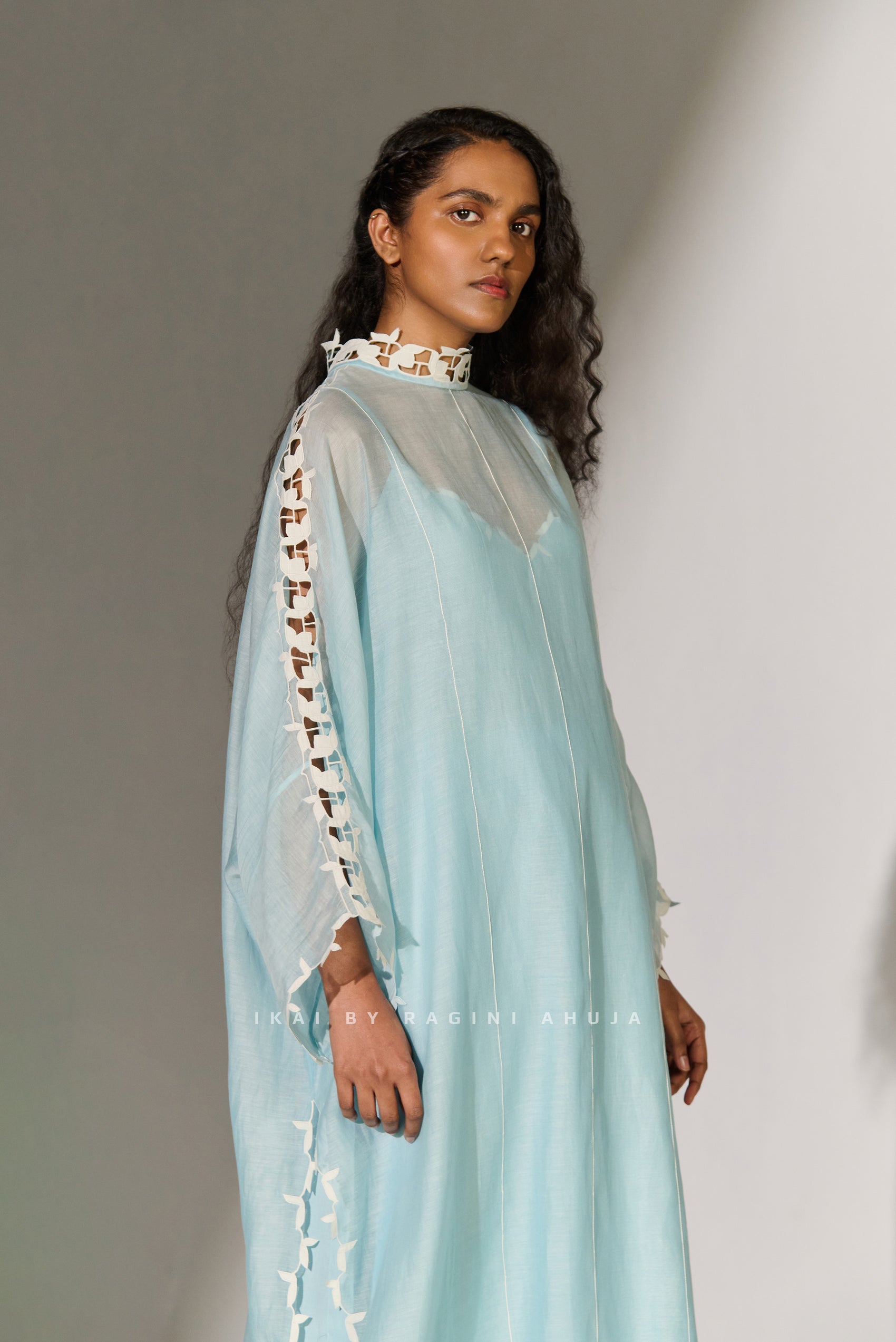 GEOMETRIC FLORAL CUTWORK KAFTAN SKY