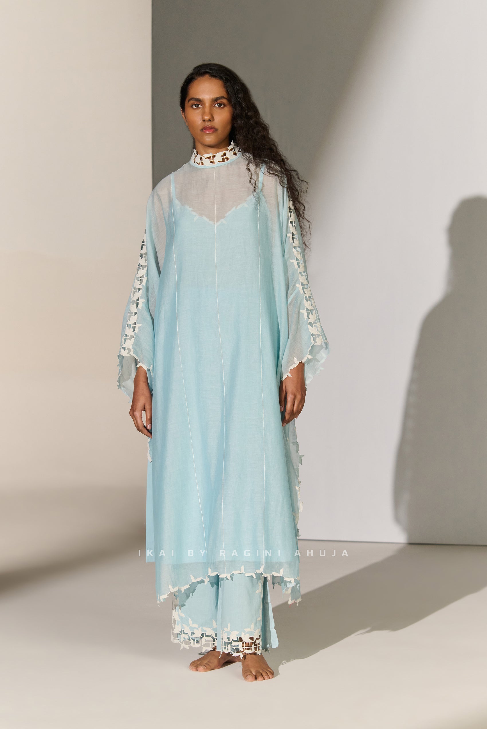 GEOMETRIC FLORAL CUTWORK KAFTAN SKY