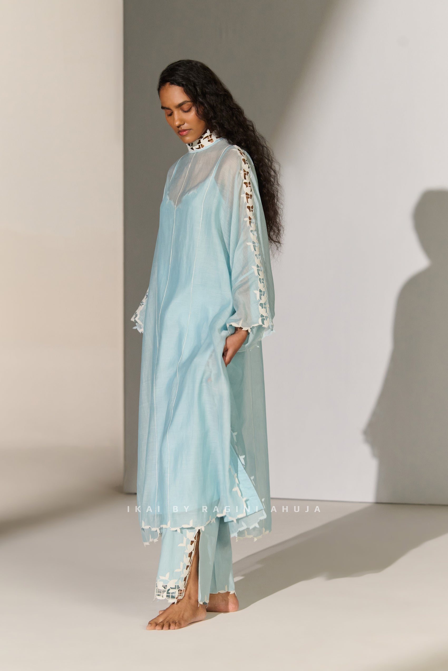GEOMETRIC FLORAL CUTWORK KAFTAN SKY