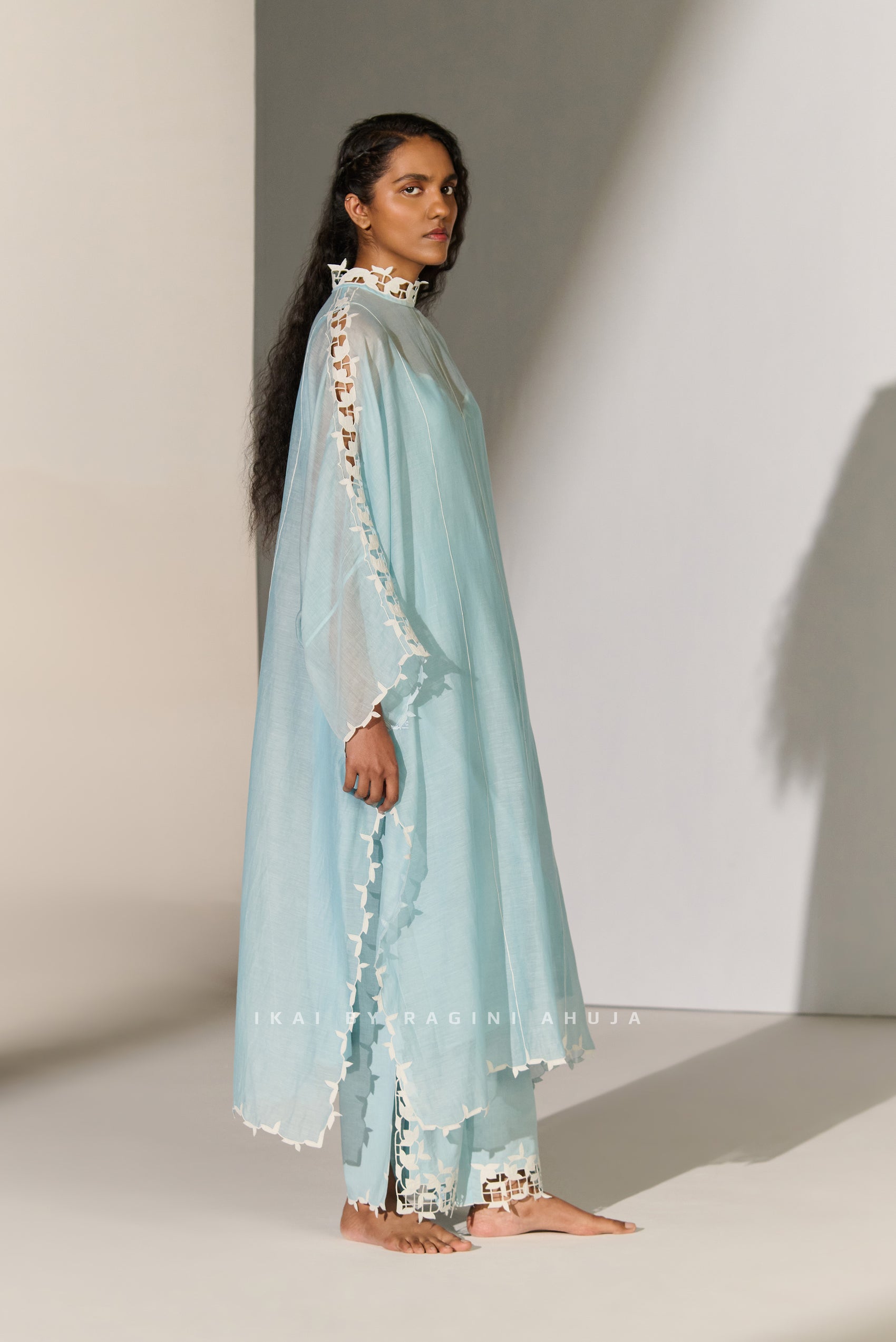 GEOMETRIC FLORAL CUTWORK KAFTAN SKY