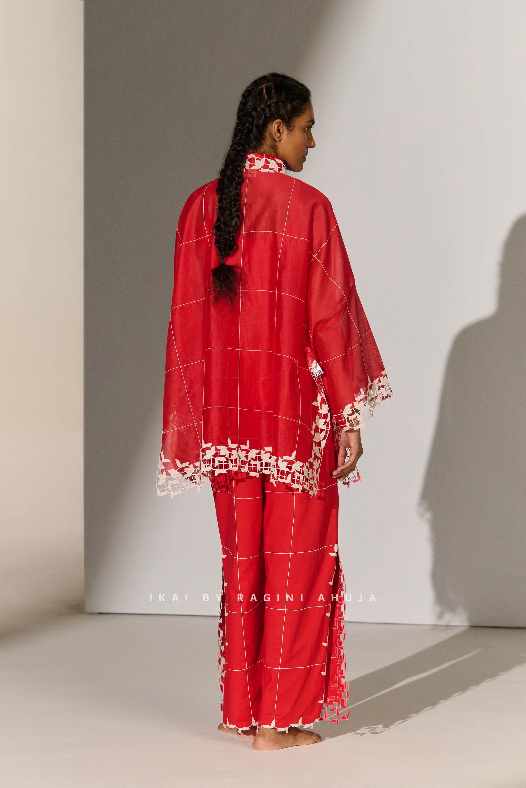 GEOMETRIC FLORAL CUTWORK KAFTAN SHIRT RED