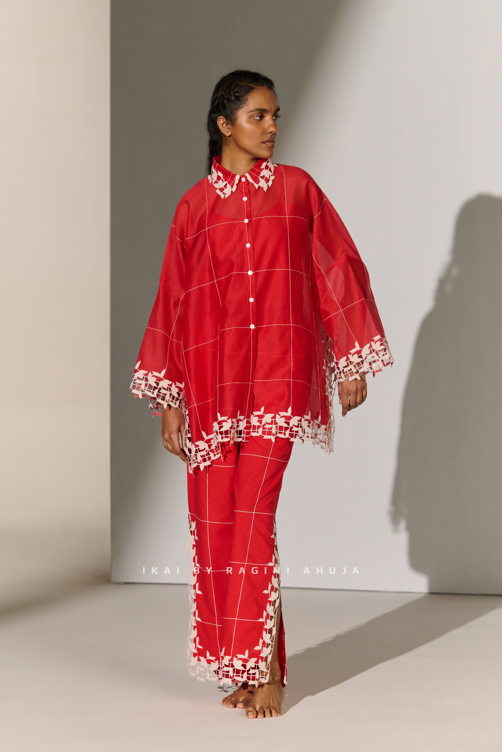 GEOMETRIC FLORAL CUTWORK KAFTAN SHIRT RED