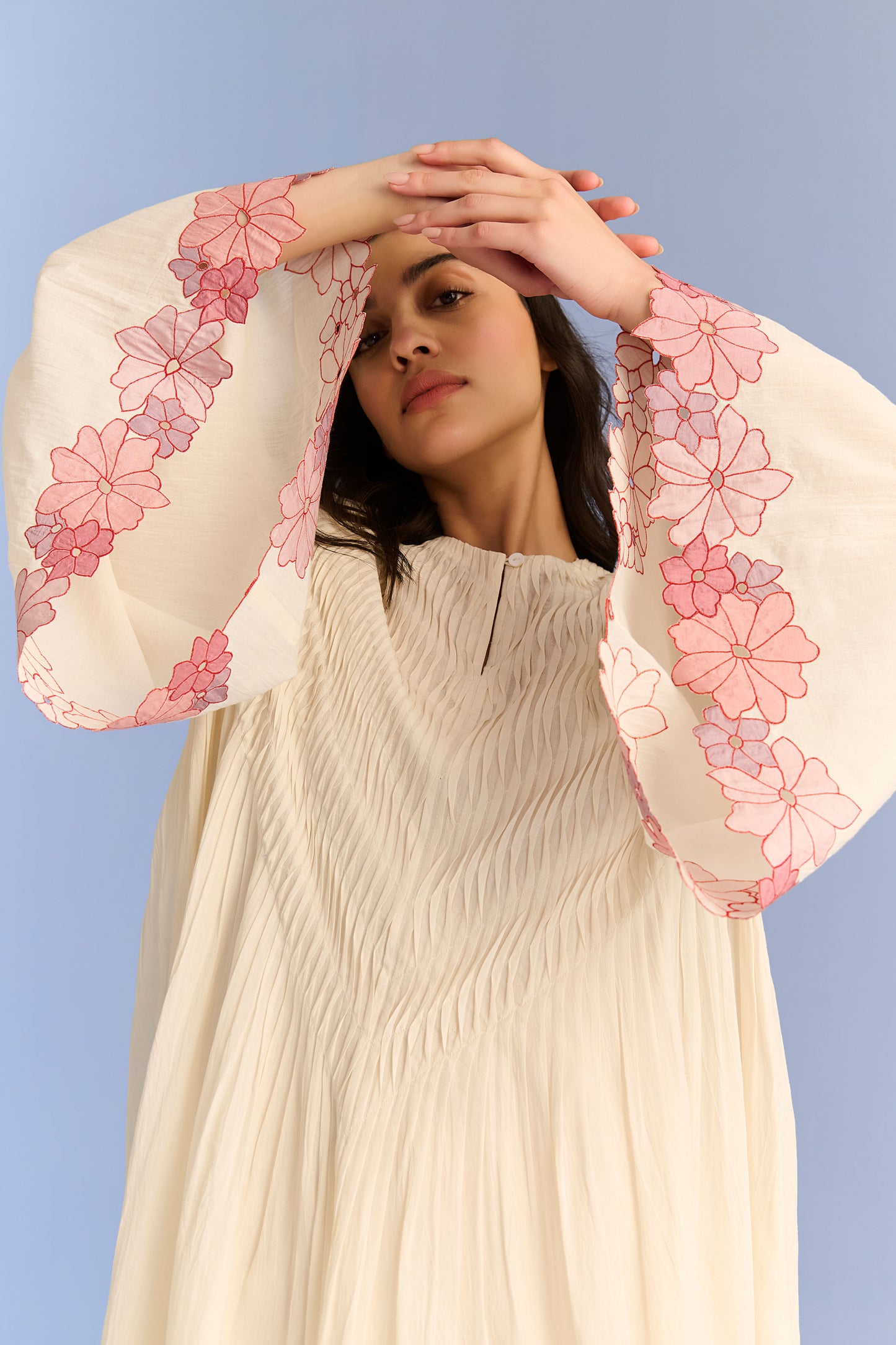 APPLIQUE' AND CUTWORK PLEATED DRESS