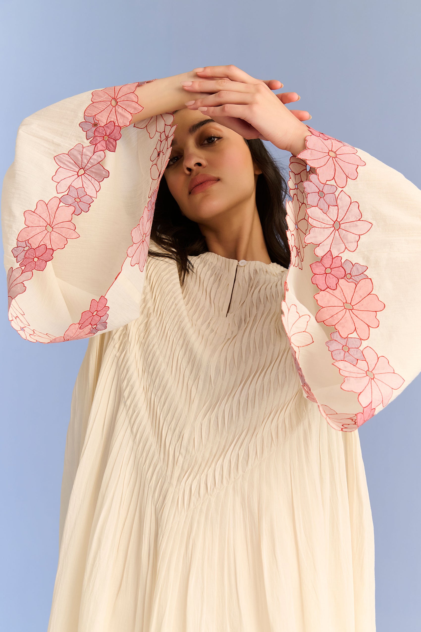 APPLIQUE' AND CUTWORK PLEATED DRESS