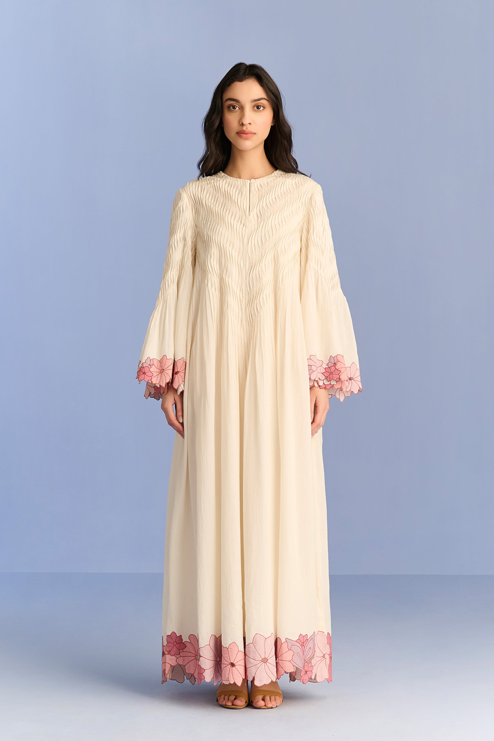 APPLIQUE' AND CUTWORK PLEATED DRESS