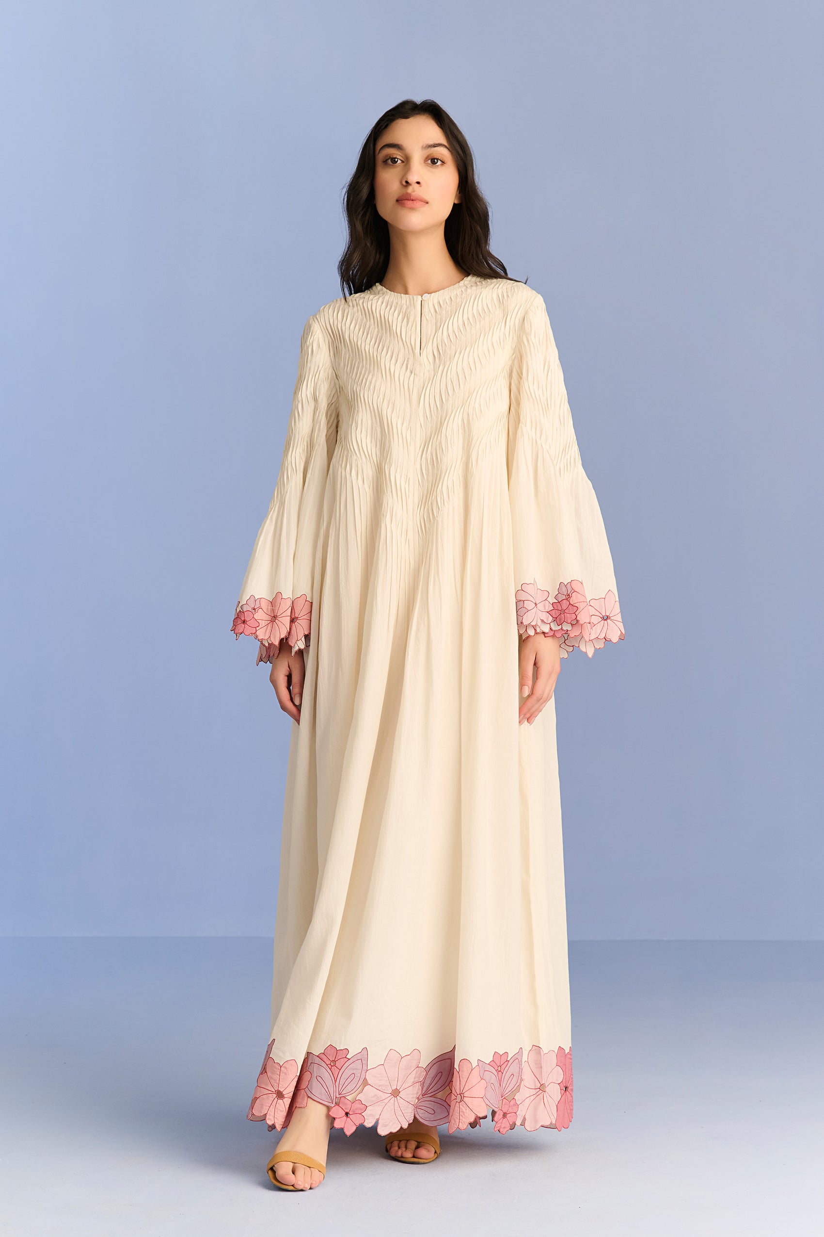 APPLIQUE' AND CUTWORK PLEATED DRESS