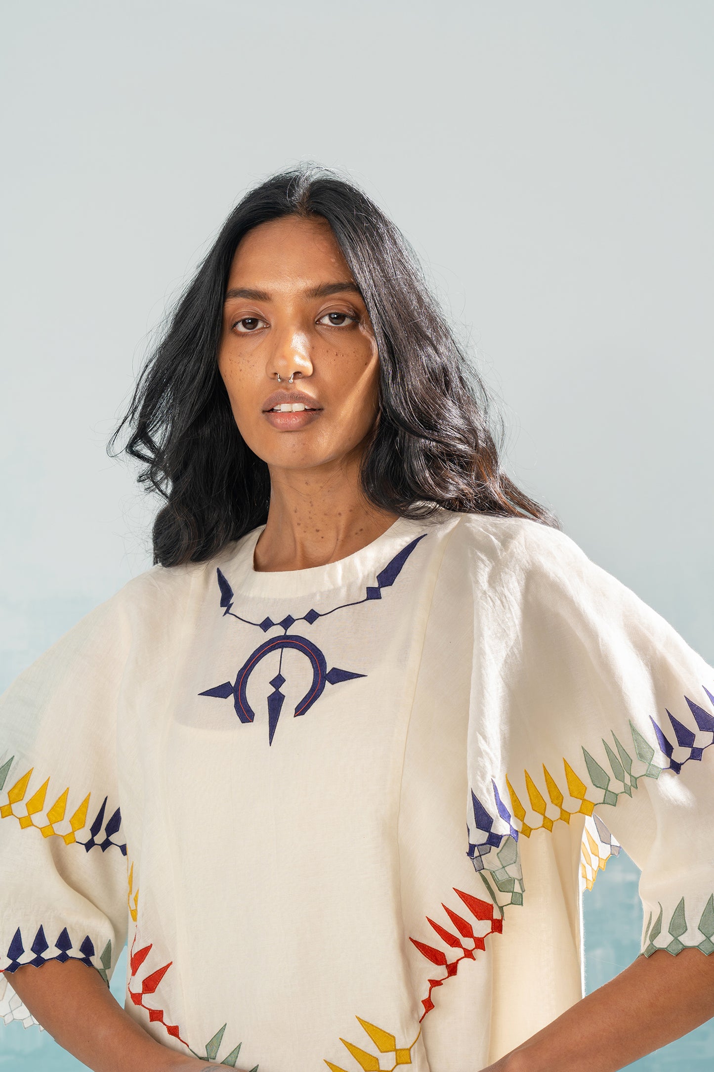 NILE MULTI-APPLIQUE' SHOULDER FRILL DRESS