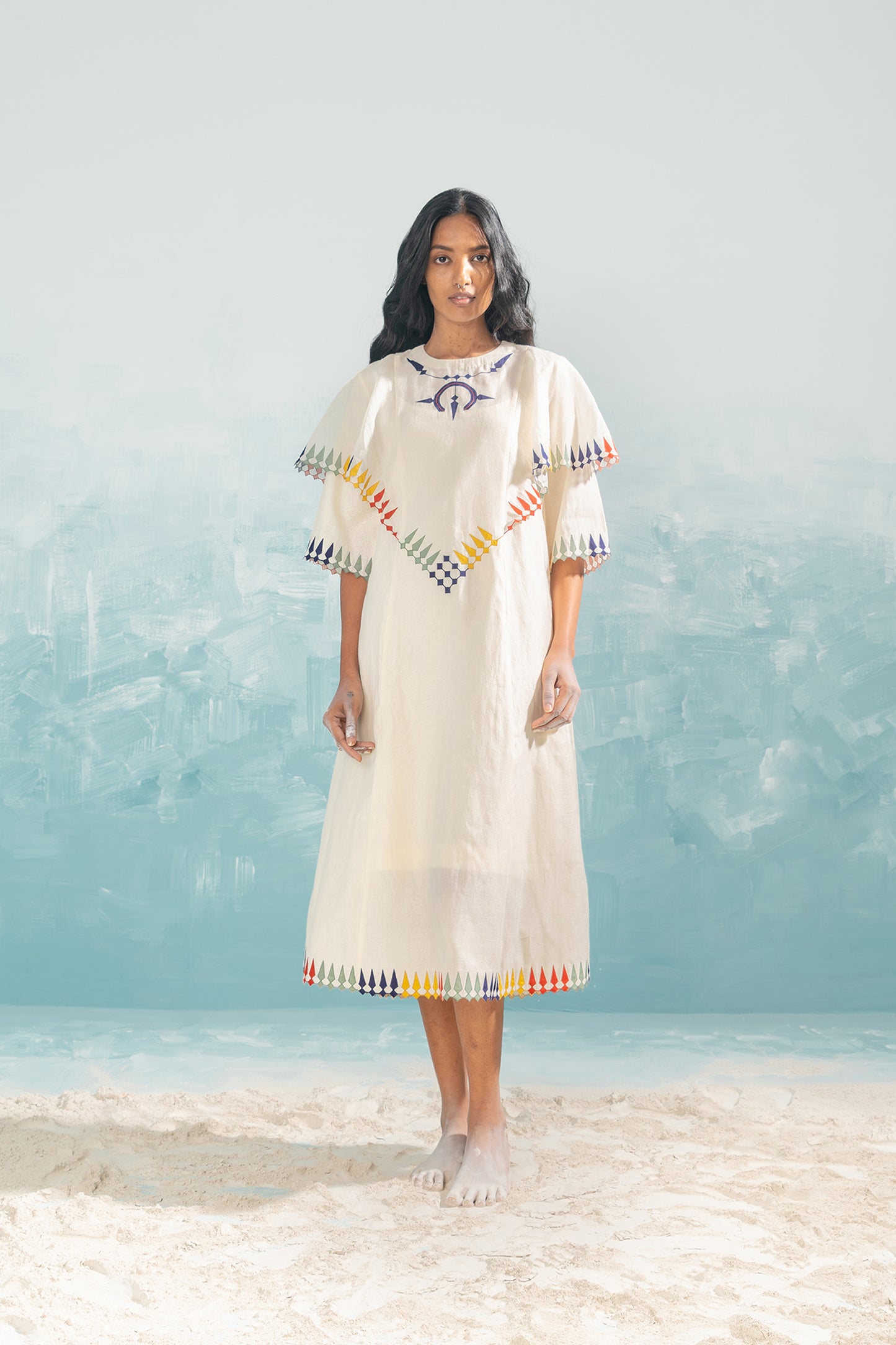 NILE MULTI-APPLIQUE' SHOULDER FRILL DRESS