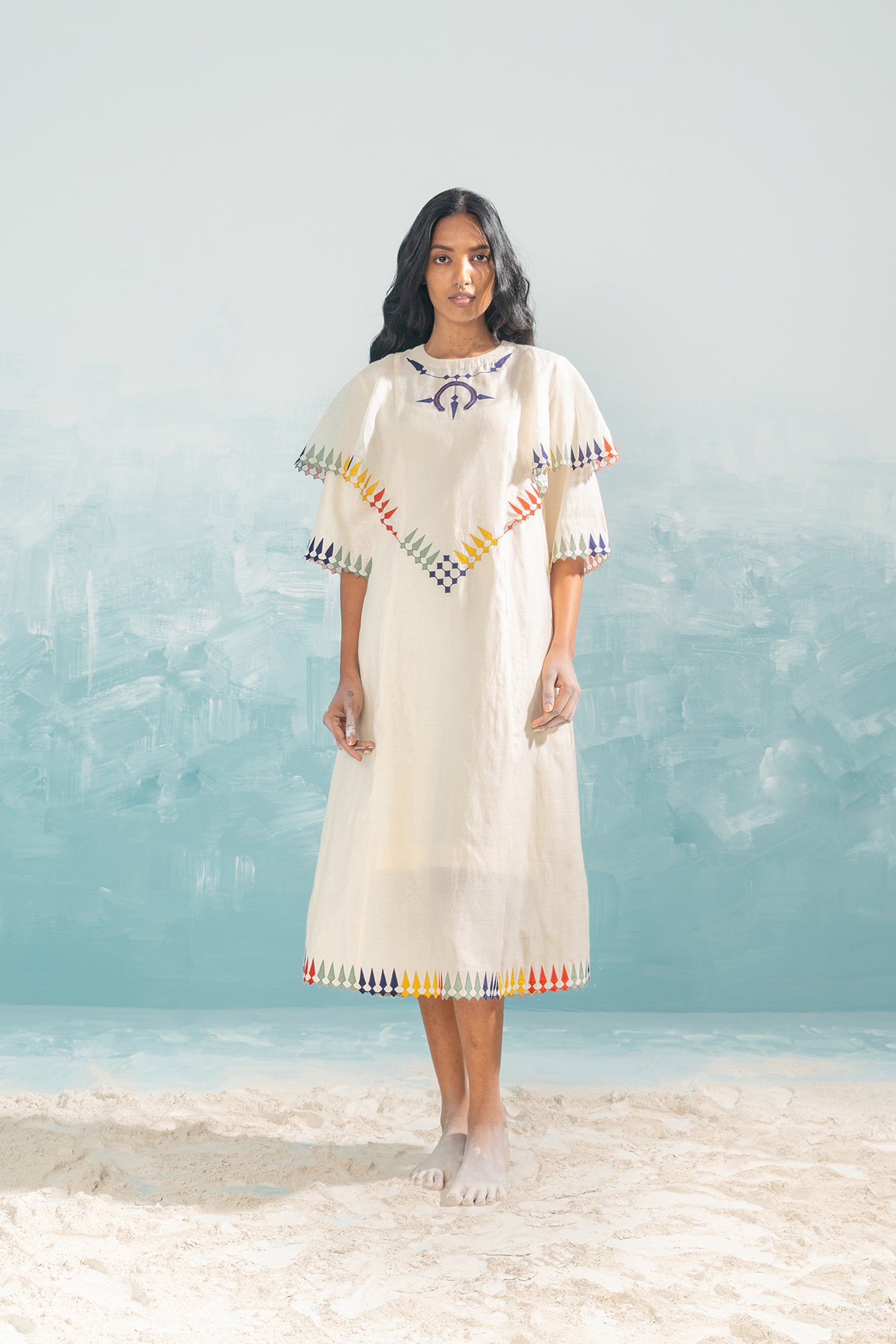 NILE MULTI-APPLIQUE' SHOULDER FRILL DRESS