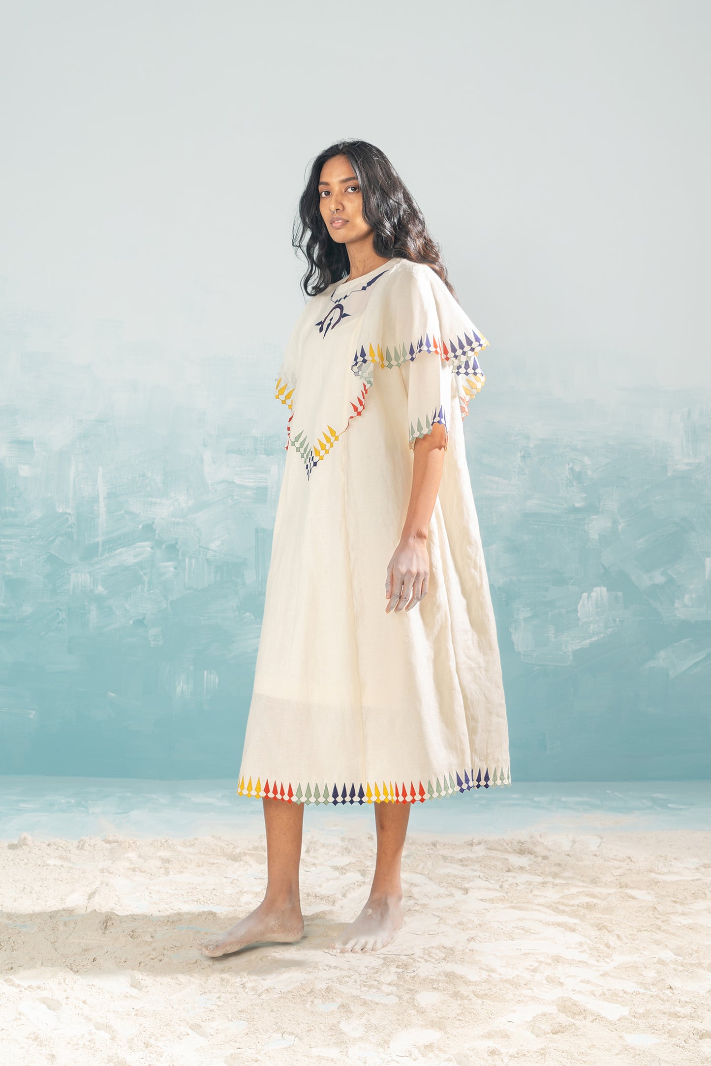 NILE MULTI-APPLIQUE' SHOULDER FRILL DRESS