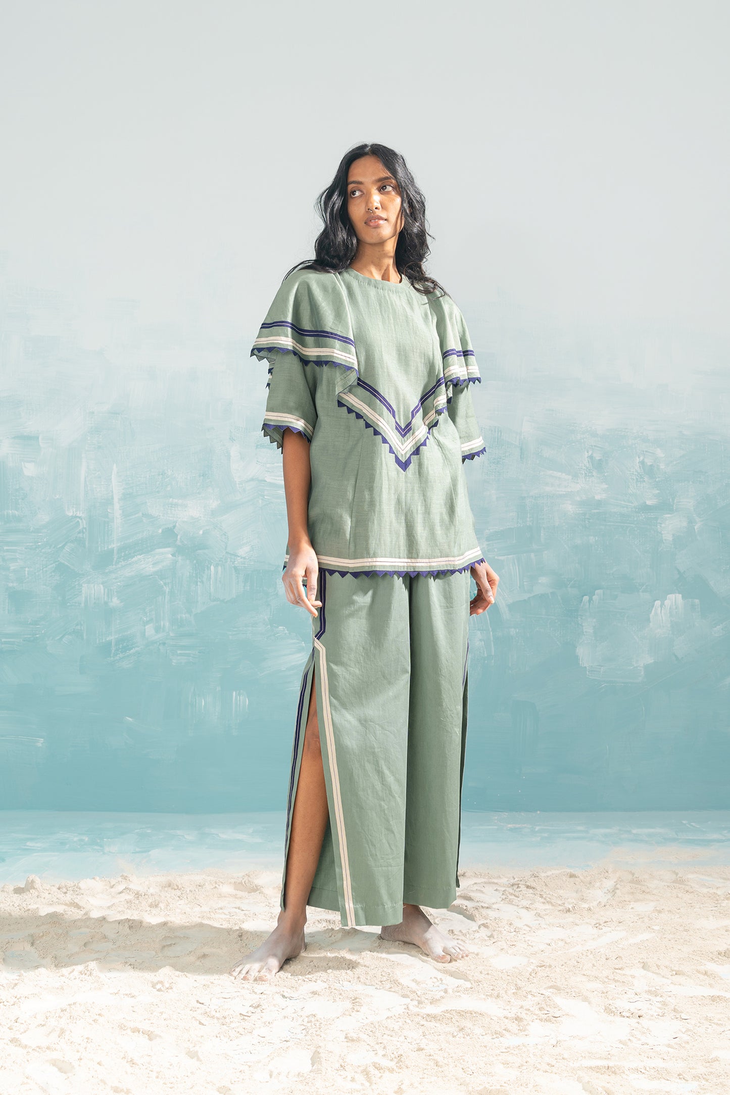 NILE SHOULDER FRILL SHIRT AND PANT SET